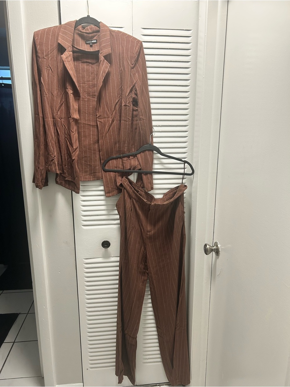 Fashion Nova Rust Pinstripe Two-Piece Blazer & Pants Set